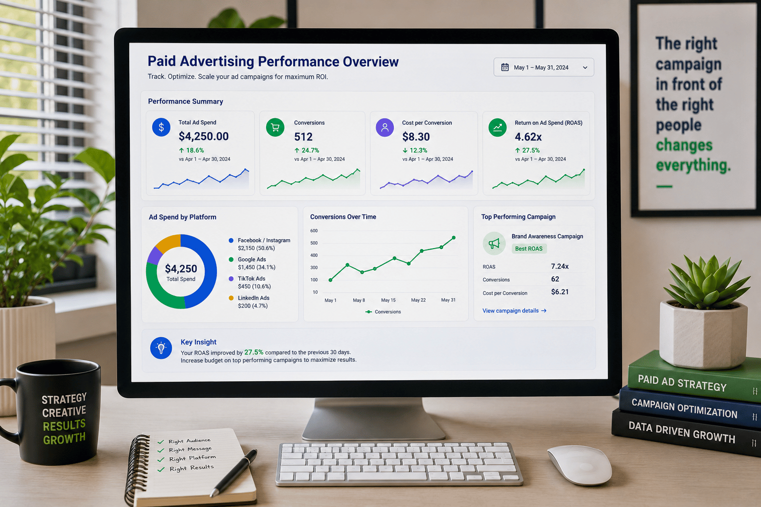 Paid advertising performance dashboard showing Google Ads and Meta Ads campaign metrics including ad spend, impressions, clicks, conversions, cost per conversion, and return on ad spend (ROAS).