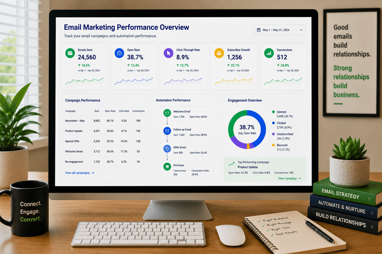 Email marketing dashboard displaying campaign performance, email automation, subscriber growth, open rates, click-through rates, and conversions.