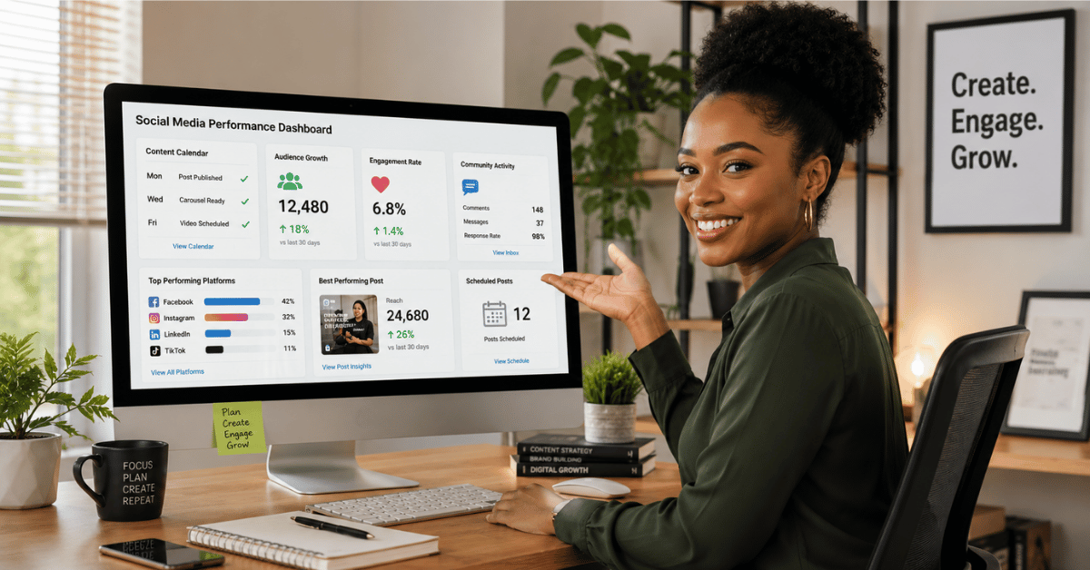 Professional social media manager reviewing a social media performance dashboard with content calendar, engagement metrics, audience growth, and campaign analytics.